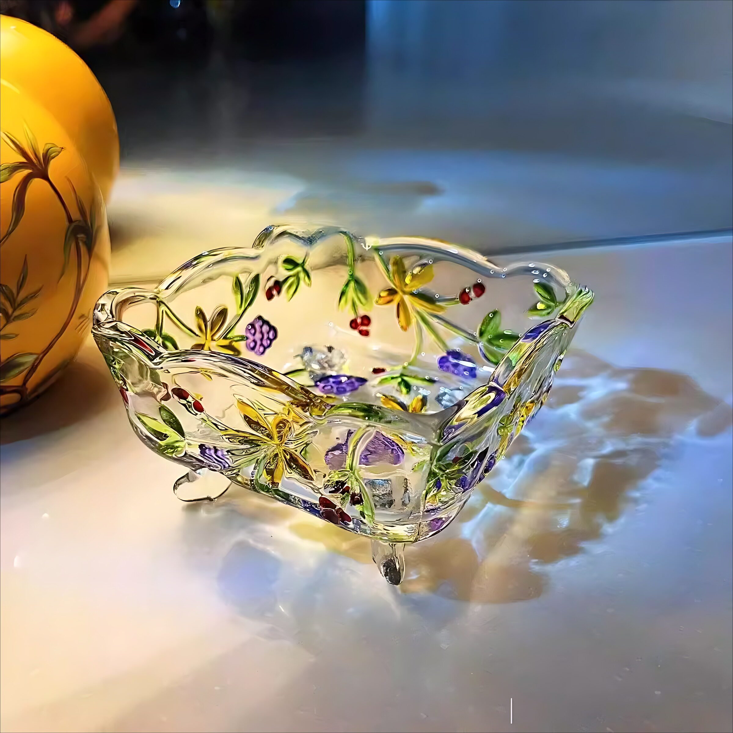 北欧风手绘彩色葡萄方形糖罐烟灰缸浮雕储物罐首饰盒玻璃盆糖果盒