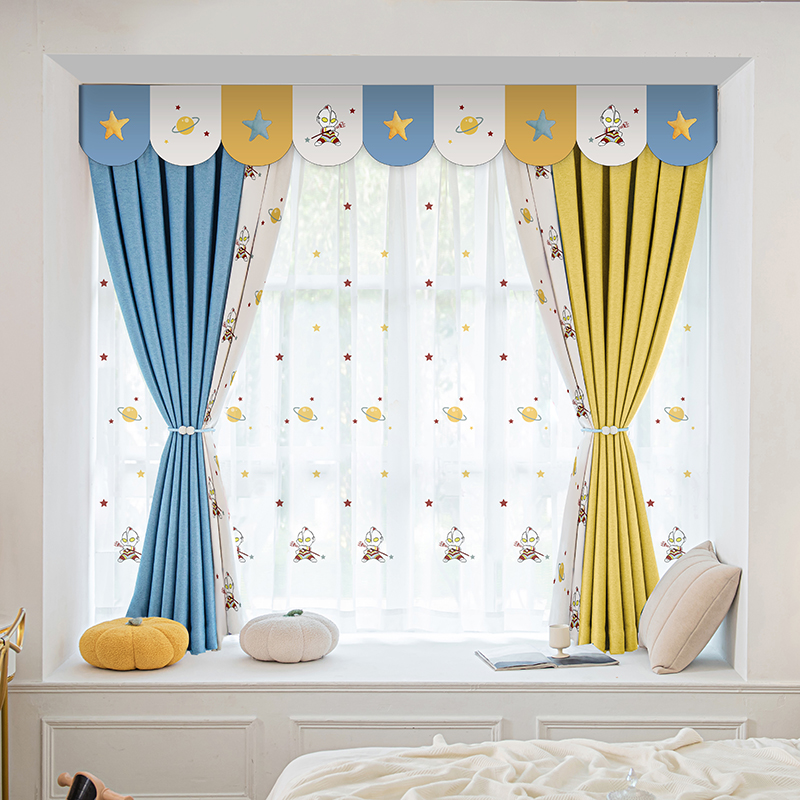 现代地中海英伦风棉麻儿童房卧室飘窗短帘卡通男孩小熊遮光窗帘