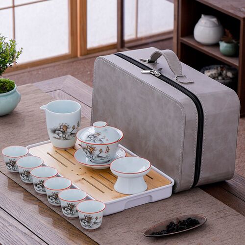 高档影青功夫旅行k茶具套装盖碗茶杯户外家用便携收纳包竹制茶盘