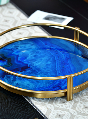 欧式美式奢华蓝色玛瑙石图案装饰 家居客厅样板房茶.几收纳托盘