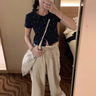 原色苎麻直筒休闲裤 花边粉蓝格亚麻 春夏 25SS uungchuuu