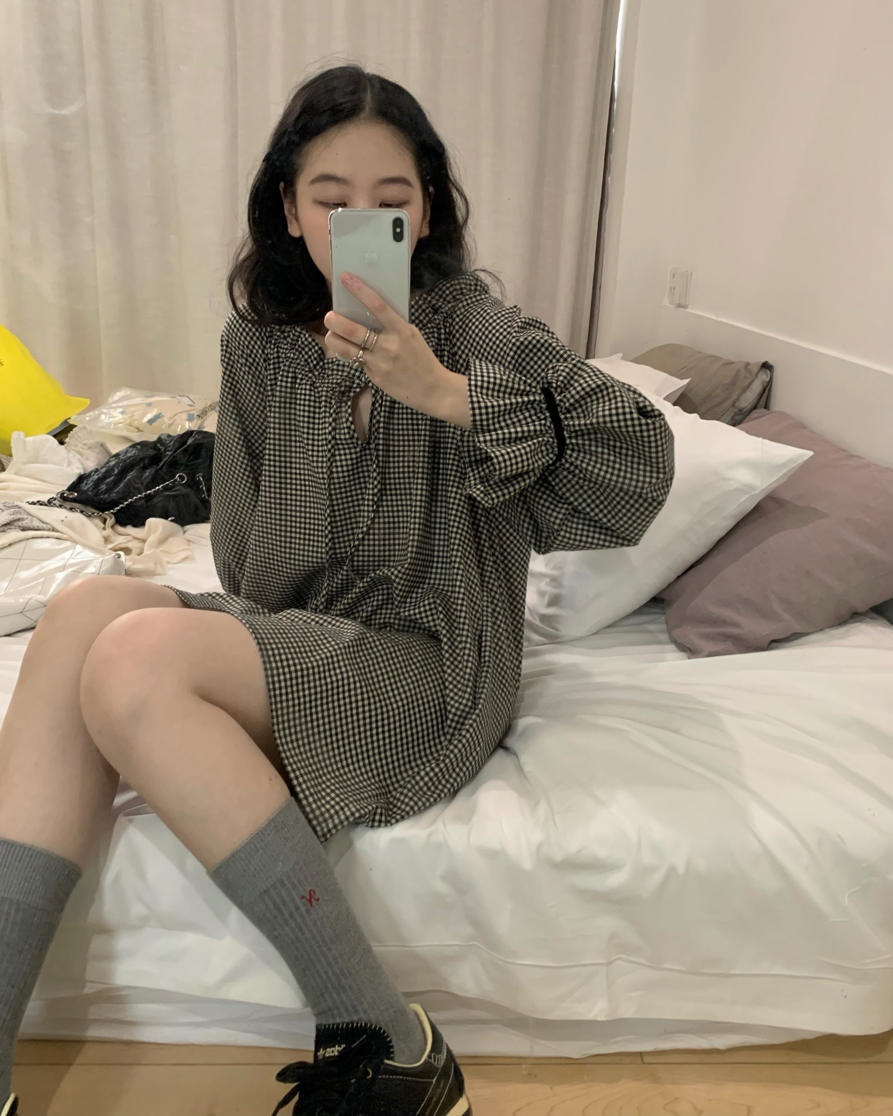 uungchuuu  丝绒带拼色 黑白格子娃娃衣秋天显瘦连衣裙
