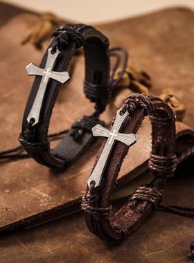 现货速发十字架手链复古少年男孩孩街头手串 手腕装饰饰品