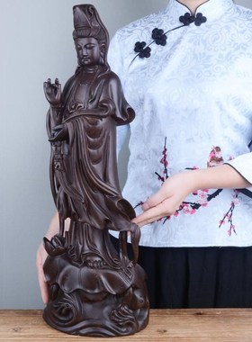快速发货b黑檀木雕观音佛像摆件实木如意观音菩萨莲花供佛家居镇