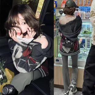 菱格拼接连帽针织衫 官方旗舰店明星赵露思同款 设计感复古新年毛衣