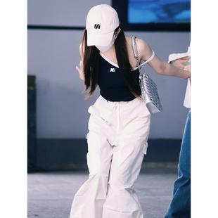 官方旗艦店趙露思同款 性感單肩吊帶刺 潮牌純棉不規則露肩美背修身