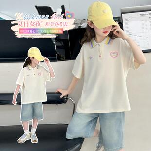 儿童短袖 2025新款 洋气夏装 大童牛仔短 polo衫 女童夏季 商城同款 套装