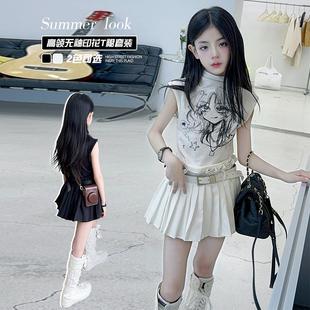 纯棉修身 商场同款 女孩半高领短袖 女童夏季 大童短 网红辣妹t恤套装