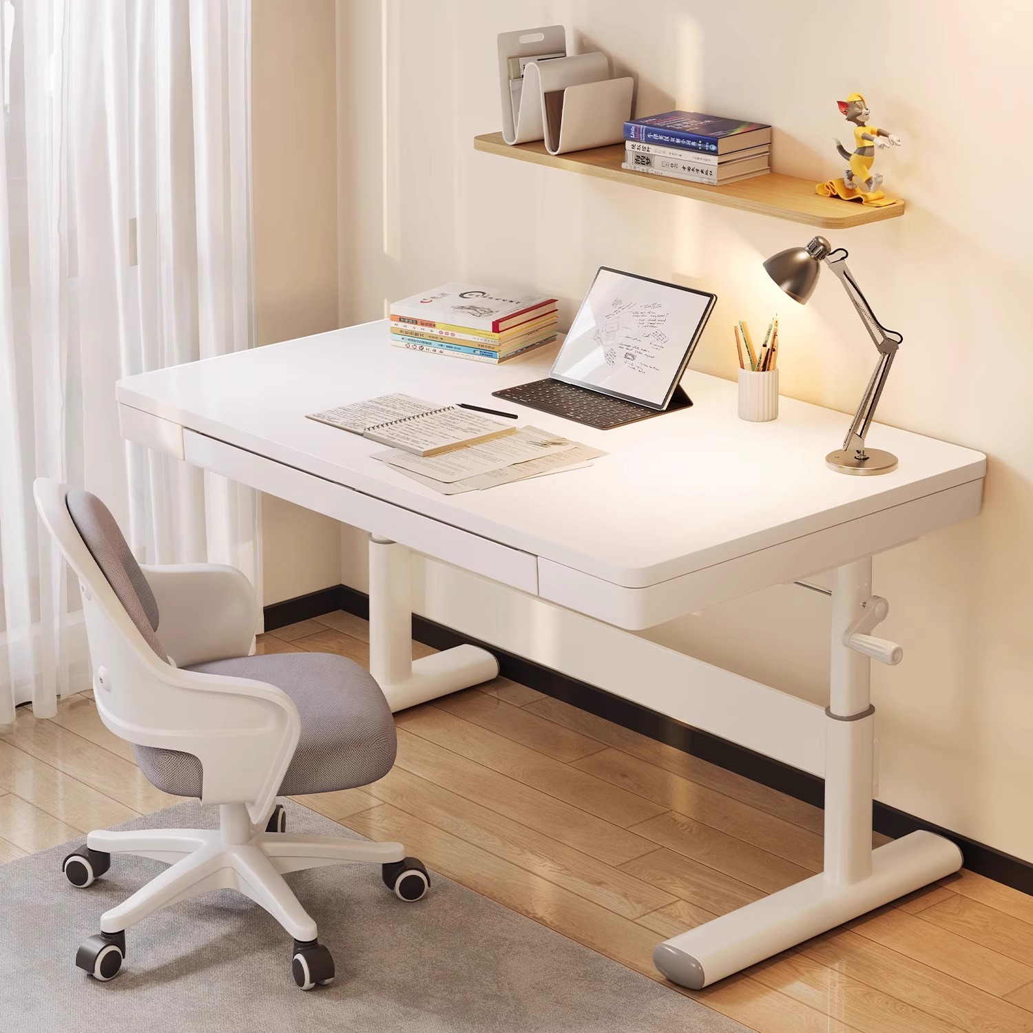 【海外包邮】儿童学习桌可升降矫正坐姿桌椅套装简约大白桌家用电脑桌学生书桌