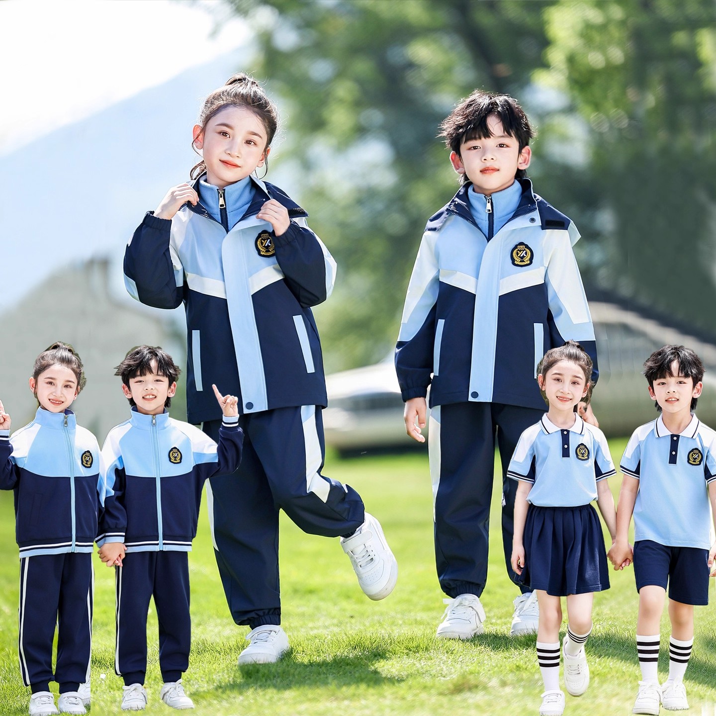 老师推荐小学生班服七件套新款蓝