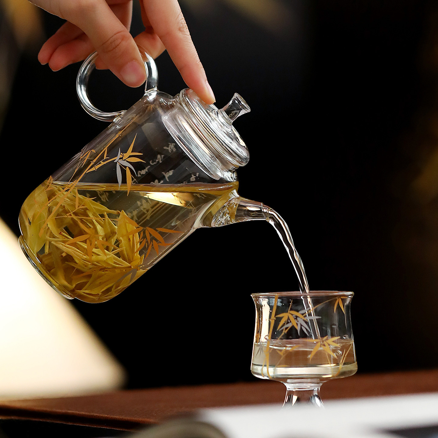 工厂金银竹透明玻璃茶壶泡茶耐高温带过滤茶水壶喝茶单壶静逸茶壶