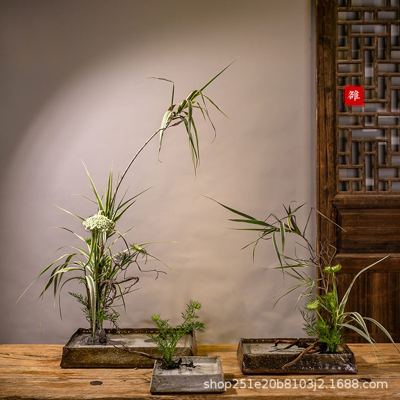 手工方形砂砾粗陶花器小原流盛花写景琳派大盘大口径花盆插花器皿