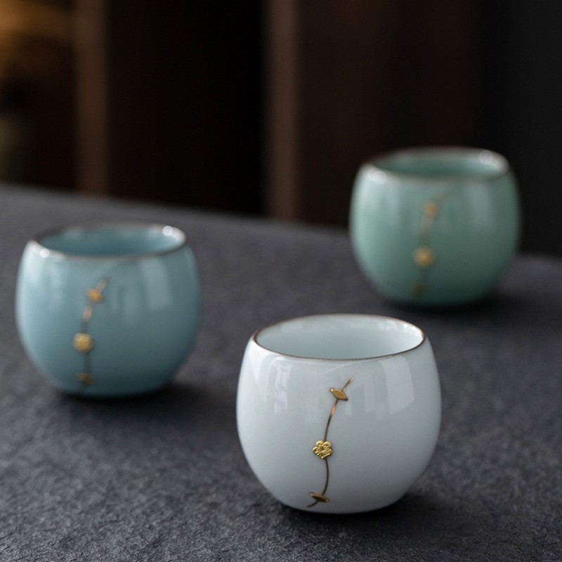 锔钉茶杯汝窑陶瓷主人杯单杯茶具小茶盏品茗杯瓷开片茶碗锔瓷杯