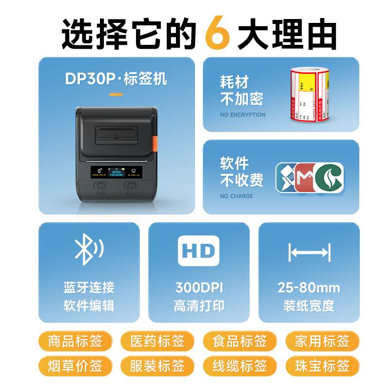 【300dpi高清打印】德佟DP30P大尺寸多功能标签打印机服装食品