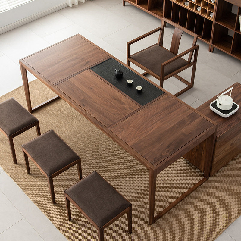 办公室茶桌家具北美黑胡桃实木新中式现代茶台泡茶桌椅子组合