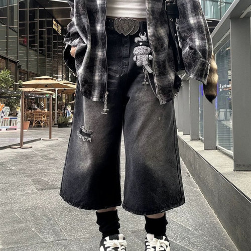 美式水洗黑破洞牛仔七分裤女