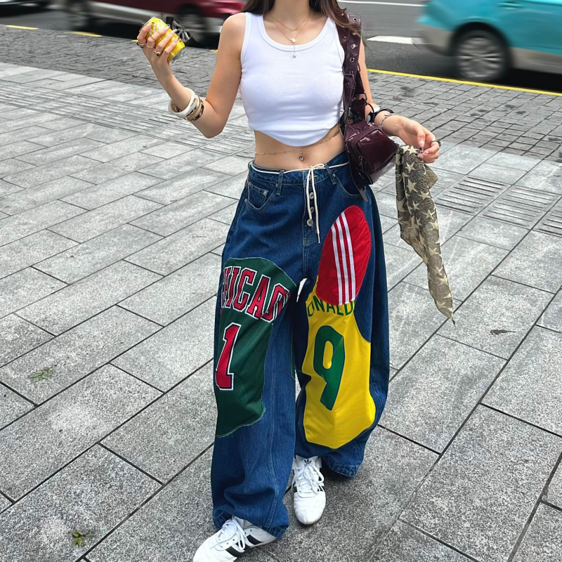 美式辣妹复古设计感撞色贴布印花牛仔裤女2025新款宽松阔腿长裤潮,女装/女士精品,牛仔裤,淘宝优惠券,粉丝福利购,淘宝优惠卷