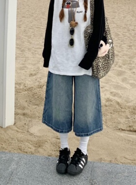 美式街头复古美式宽松水洗牛仔七分裤女夏季休闲百搭显瘦阔腿中裤