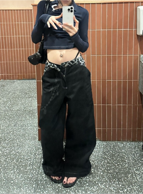 美式复古豹纹腰头拼接烧花裤链牛仔裤女直筒宽松显瘦阔腿长裤子潮