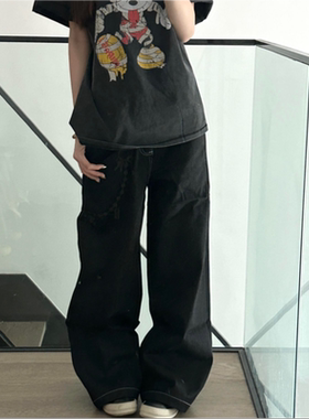 美式复古豹纹腰头拼接烧花裤链牛仔裤女直筒宽松显瘦阔腿长裤子潮