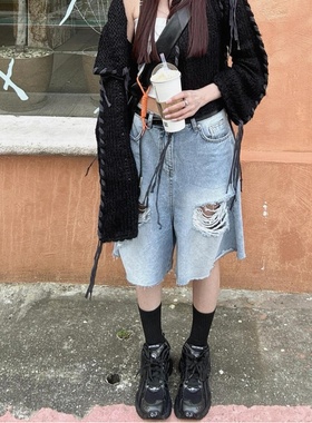 美式复古做旧破洞牛仔短裤女夏季高腰宽松毛边显瘦阔腿五分裤潮