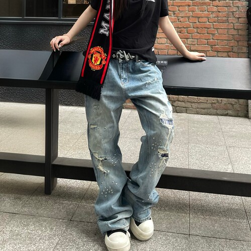 美式高街复古水洗烫钻破洞牛仔裤