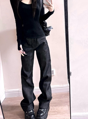 美式复古原牛双腰弯刀设计感牛仔裤女小众拼接直筒长裤子潮