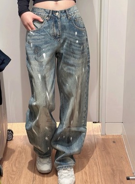 美式街头风水洗做旧泼墨涂鸦牛仔裤女高街宽松显瘦阔腿拖地长裤子