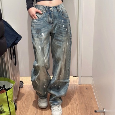 街头风水洗做旧泼墨涂鸦牛仔裤