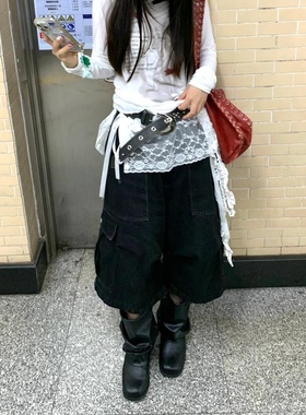 美式复古高街春夏休闲黑色工装短裤女水洗大口袋宽松七分牛仔中裤