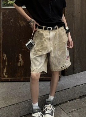 美式复古做旧脏染破洞牛仔五分裤女夏季新款辣妹宽松阔腿短裤ins