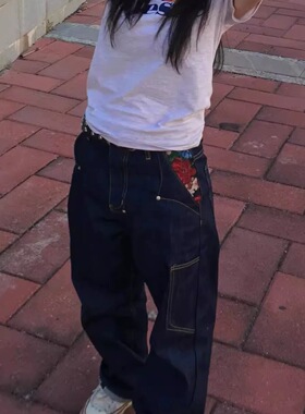 美式复古做旧赤耳设计感原牛刺绣牛仔裤女小众宽松直筒阔腿长裤子