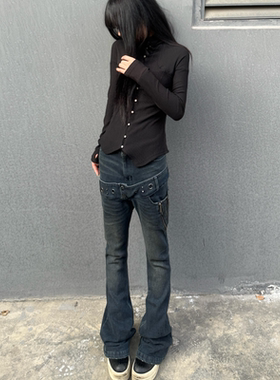 美式复古辣妹高腰微双腰头喇叭牛仔裤女修身显瘦马蹄裤拖地长裤子