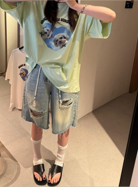 美式街头水洗做旧磨毛边破洞牛仔短裤女vintage潮牌夏季五分中裤