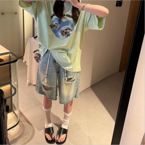 水洗做旧磨毛边破洞牛仔短裤女