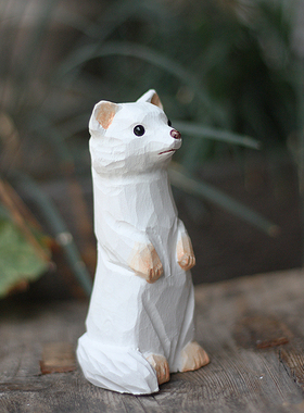 包邮 鹿妖商店 伶鼬 白鼬w 雪貂 纯手工木雕摆件 实木动物雕塑