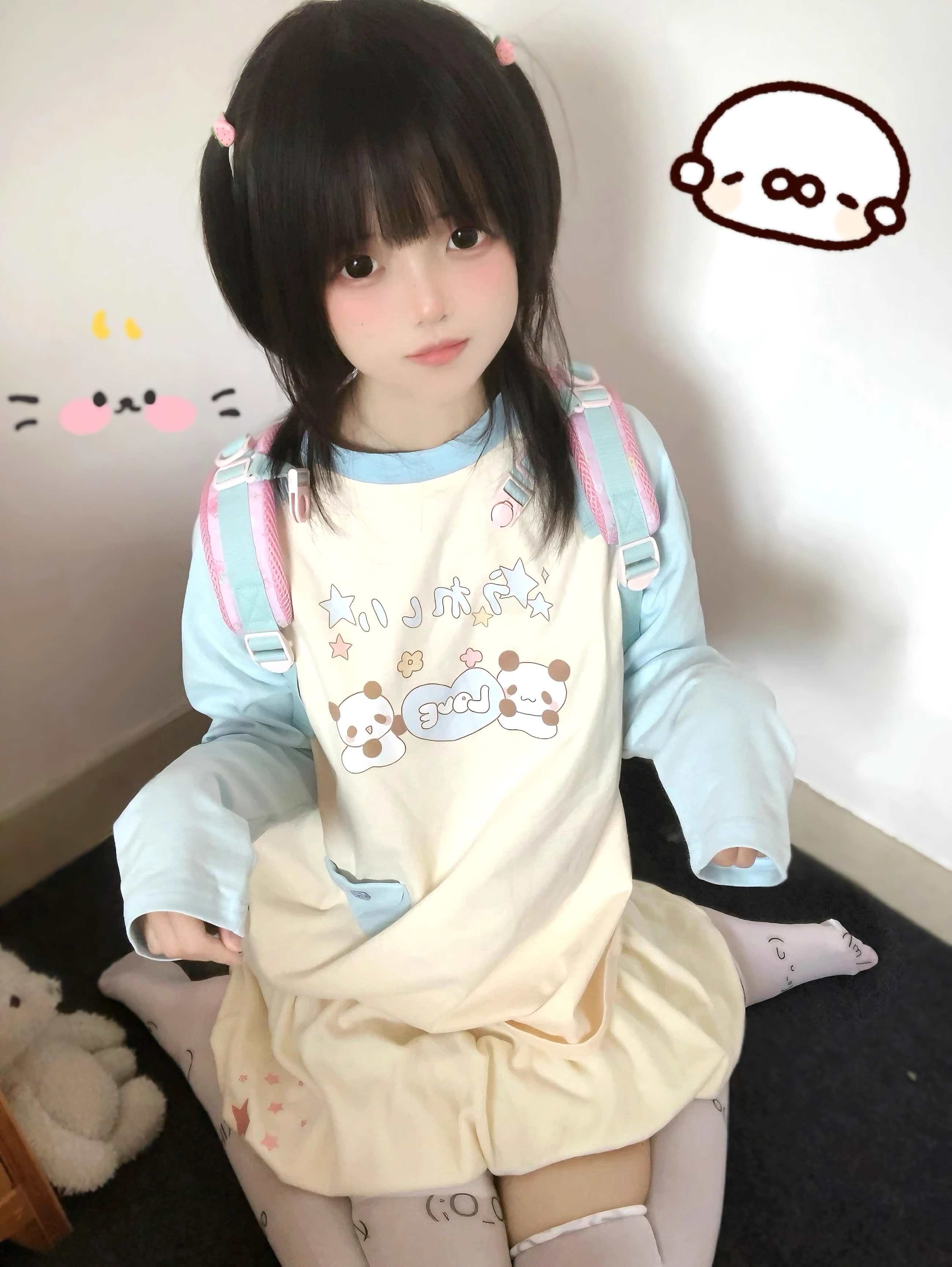 春秋长袖T恤日系熊猫口袋上衣