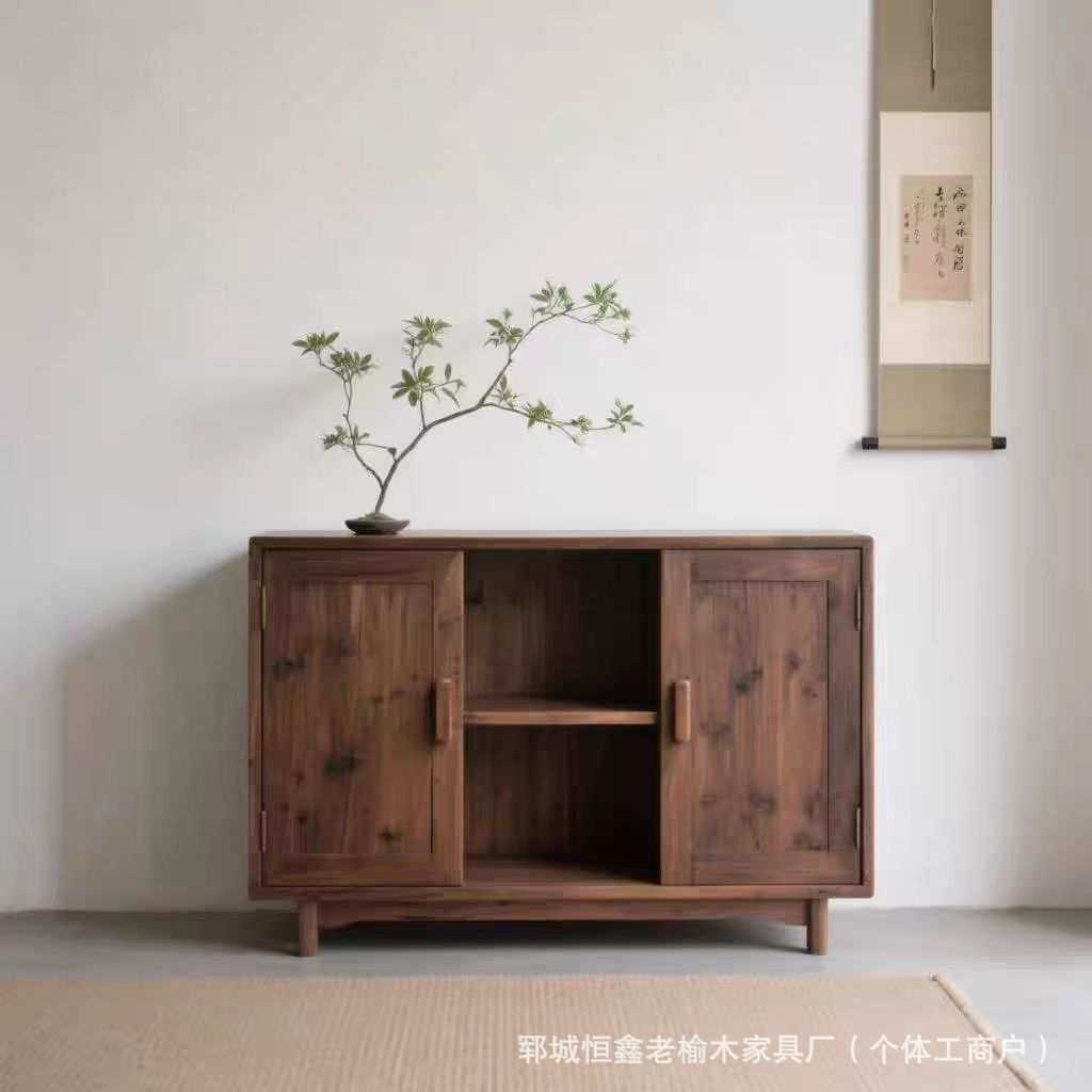 侘寂风实木餐边柜家用厨房碗筷盘子整理柜子复古矮柜原木边柜