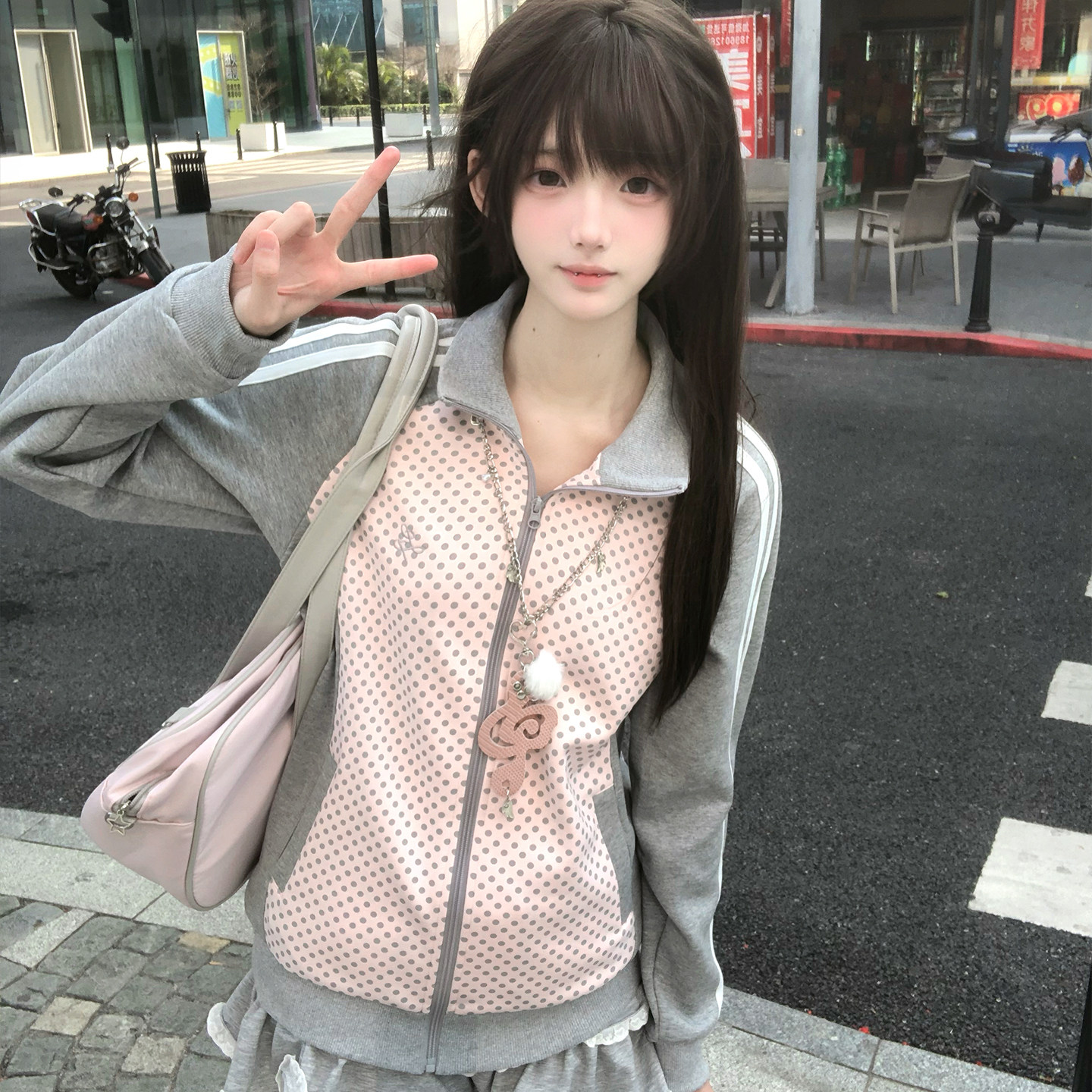 7号线原创春夏新品7号樱灰粉波点运动卫衣开衫体操服可爱复古套装