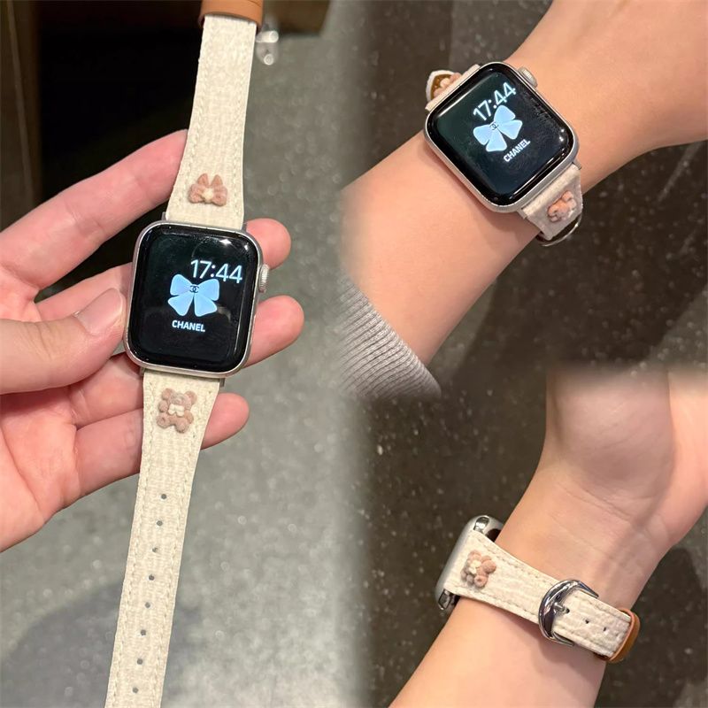 适用小米手环9/8pro皮质表带毛绒小熊华为fit4/3苹果S11/S10女款