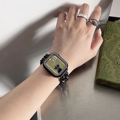 苹果ApplewatchS11表带小香风女ins金属加皮质链条iwatch1098se代