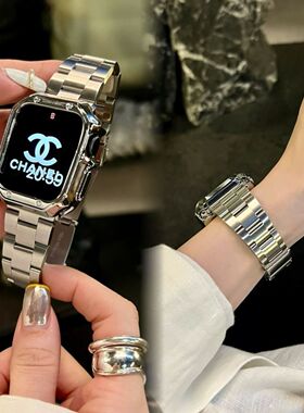 适用苹果Applewatch11小蛮不锈钢表带金属苹果SE109男女ins小香风