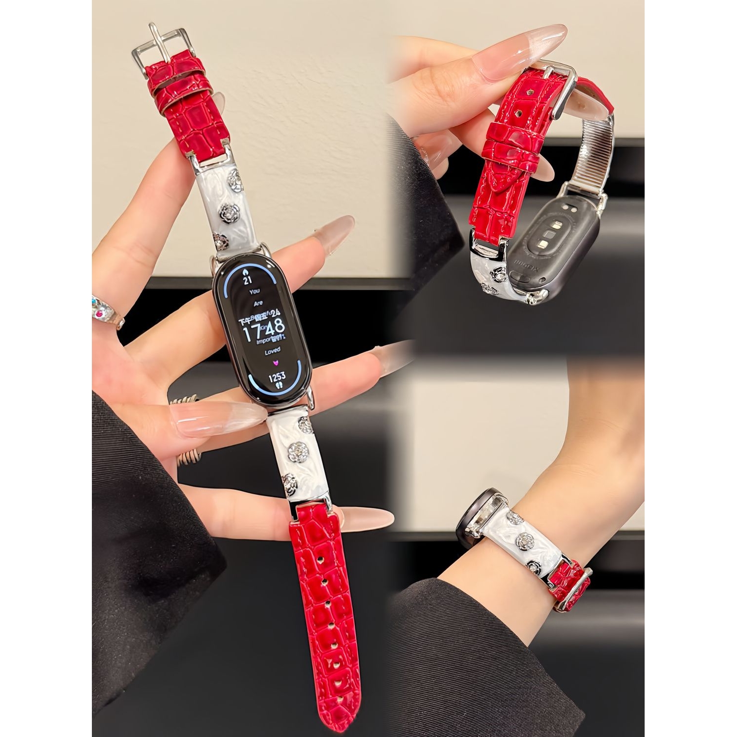 适用小米手环10/9pro花朵金属拼皮表带华为Fit4/vivo/OPPO/红米6