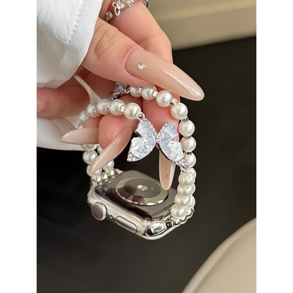 ins适用苹果s10表带小米手环98pro碎钻蝴蝶珍珠手链华为gt5/fit43