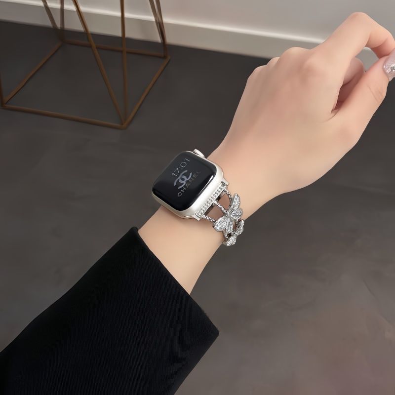 适用苹果手表s10表带iwatch9金属夏季透气s8链条高级镶钻蝴蝶42mm