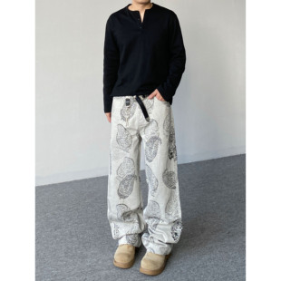 子 男女宽松休闲阔腿长裤 98SQUID美式 复古baggy水洗扎染印花牛仔裤