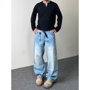 男女宽松百搭休闲直筒长裤 复古浅色猫须刮破牛仔裤 子 美式 98SQUID