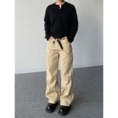 美式 复古褶皱多口袋拼接工装 裤 98SQUID 男女宽松休闲阔腿垂感长裤