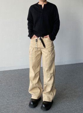 98SQUID 美式复古褶皱多口袋拼接工装裤男女宽松休闲阔腿垂感长裤