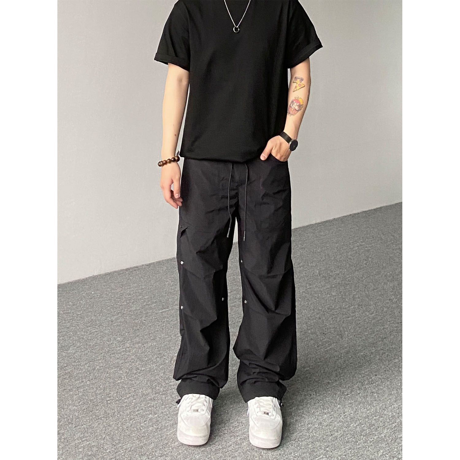 98SQUID 美式高街褶皱铆钉抽绳松紧腰休闲裤男女宽松直筒凉感裤子